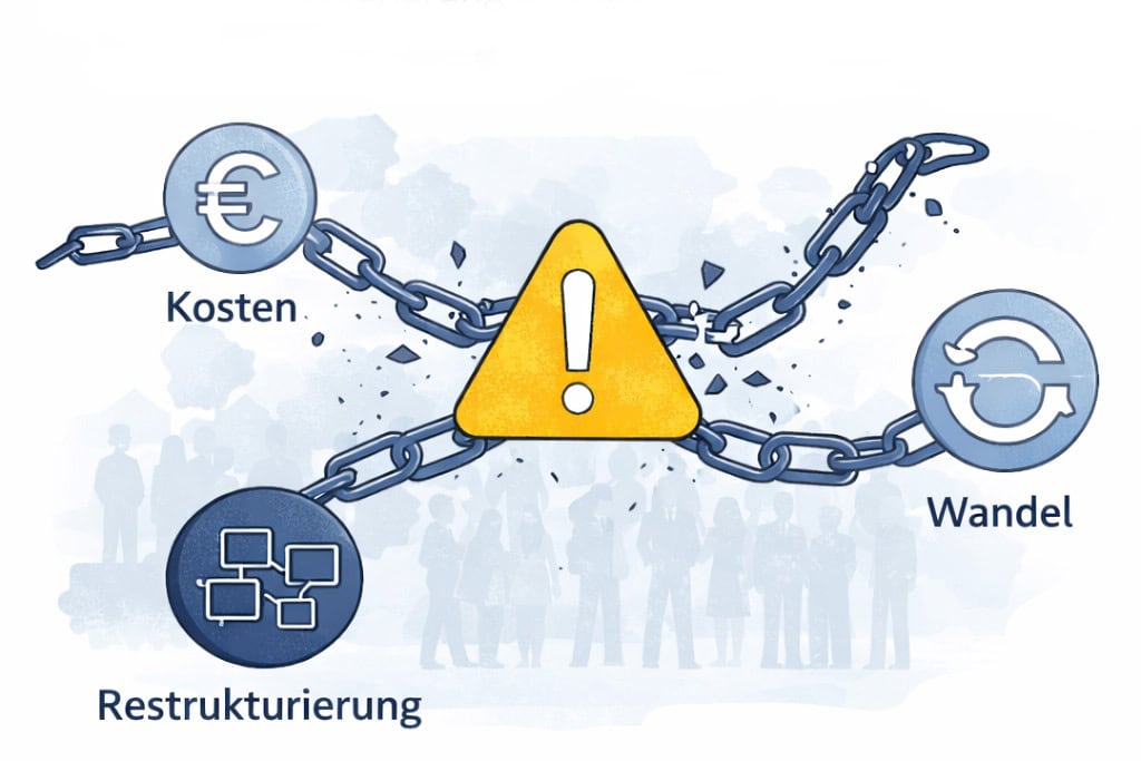 Warnschild zwischen Ketten symbolisiert gescheiterte Transformation in Unternehmen trotz guter Konzepte. Umgeben von Icons für Kosten, Wandel und Restrukturierung
