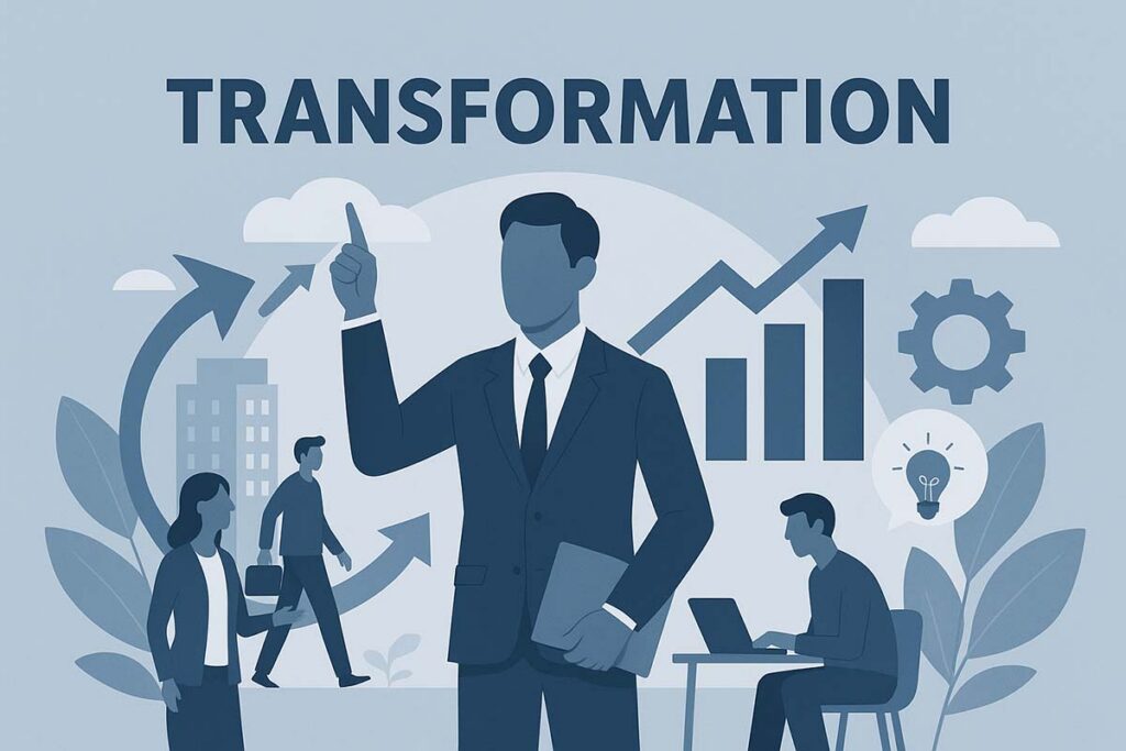 Illustration eines modernen Unternehmens im Wandel: Führungskräfte und Mitarbeitende gestalten gemeinsam den Transformationsprozess. Symbolische Verbindung von Struktur, Strategie und Sinn – im Zentrum Führung als verbindendes Element.