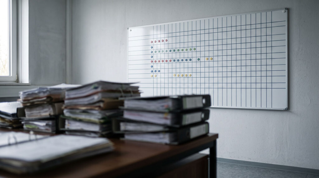 Weißes Planungsboard an einer Bürowand, dessen Raster nur zu einem Drittel mit Magnetpunkten belegt ist; davor unscharf Aktenstapel und Ordner auf einem Schreibtisch